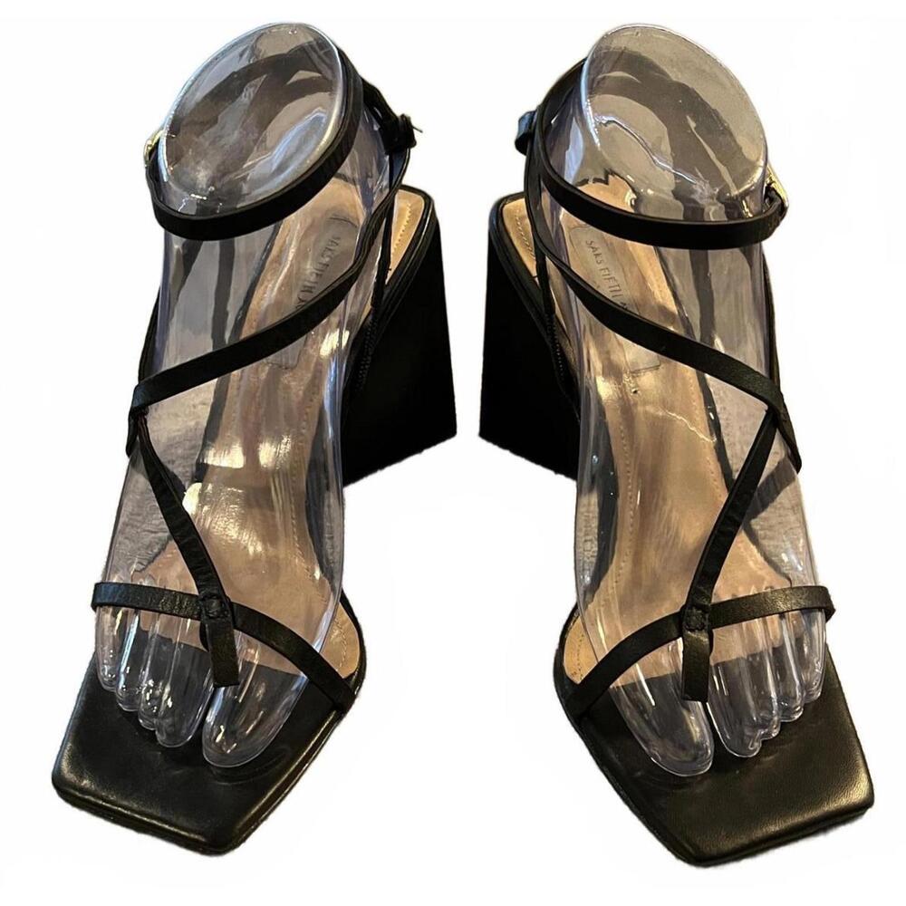 Saks Fifth Avenue Black Strappy Block Heel Sandals